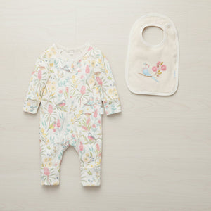 Flower Garden baby zip growsuit with matching reversible bib in organic cotton. Floral baby clothes set with bird print.