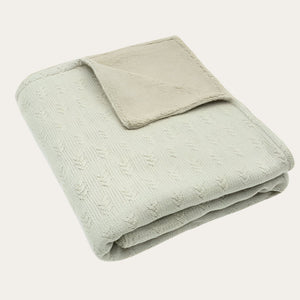 Folded olive green knit fleece blanket, featuring a textured grain knit pattern.