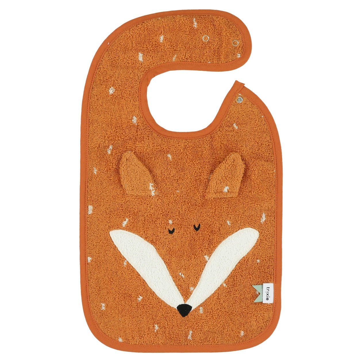 Orange baby bib with a fox face and ears