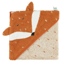 Hooded bath towel with an orange fox face on the hood and cute fox ears