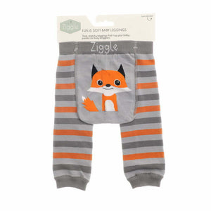 Grey and orange striped fox baby leggings displayed with packaging, showing the fox seat motif