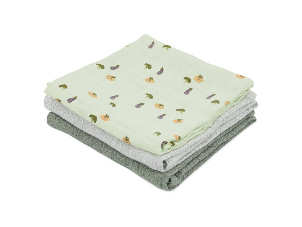 3 pack of muslin cloths with a &#39;friendly vegetable&#39; pattern in soft shades of green