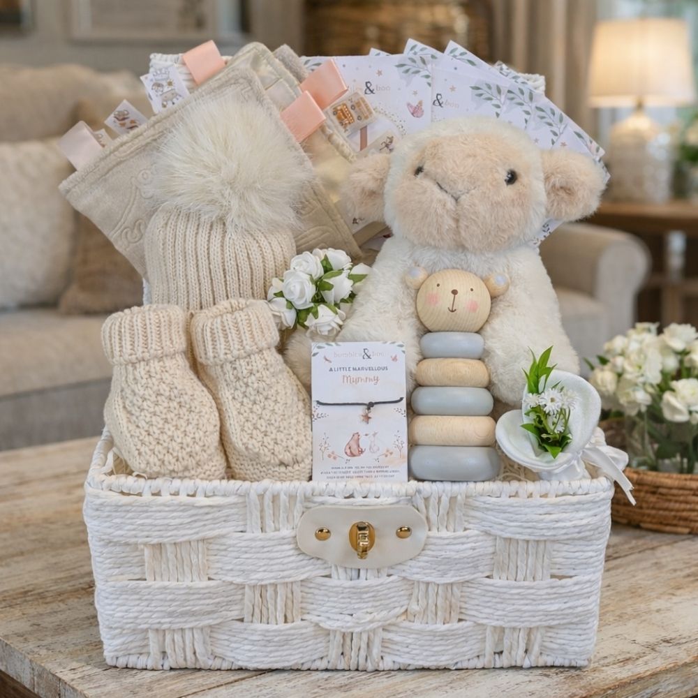 Gift hamper for a newborn baby in soft cream colours and includes a lamb and sensory baby toys.