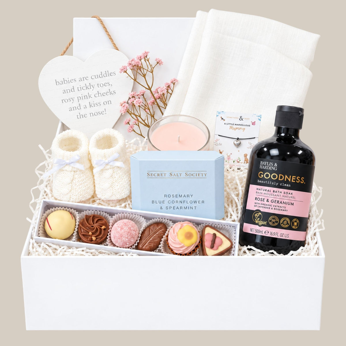 A gifts box for a new mum with relaxation treats for mum and delicious chocolates