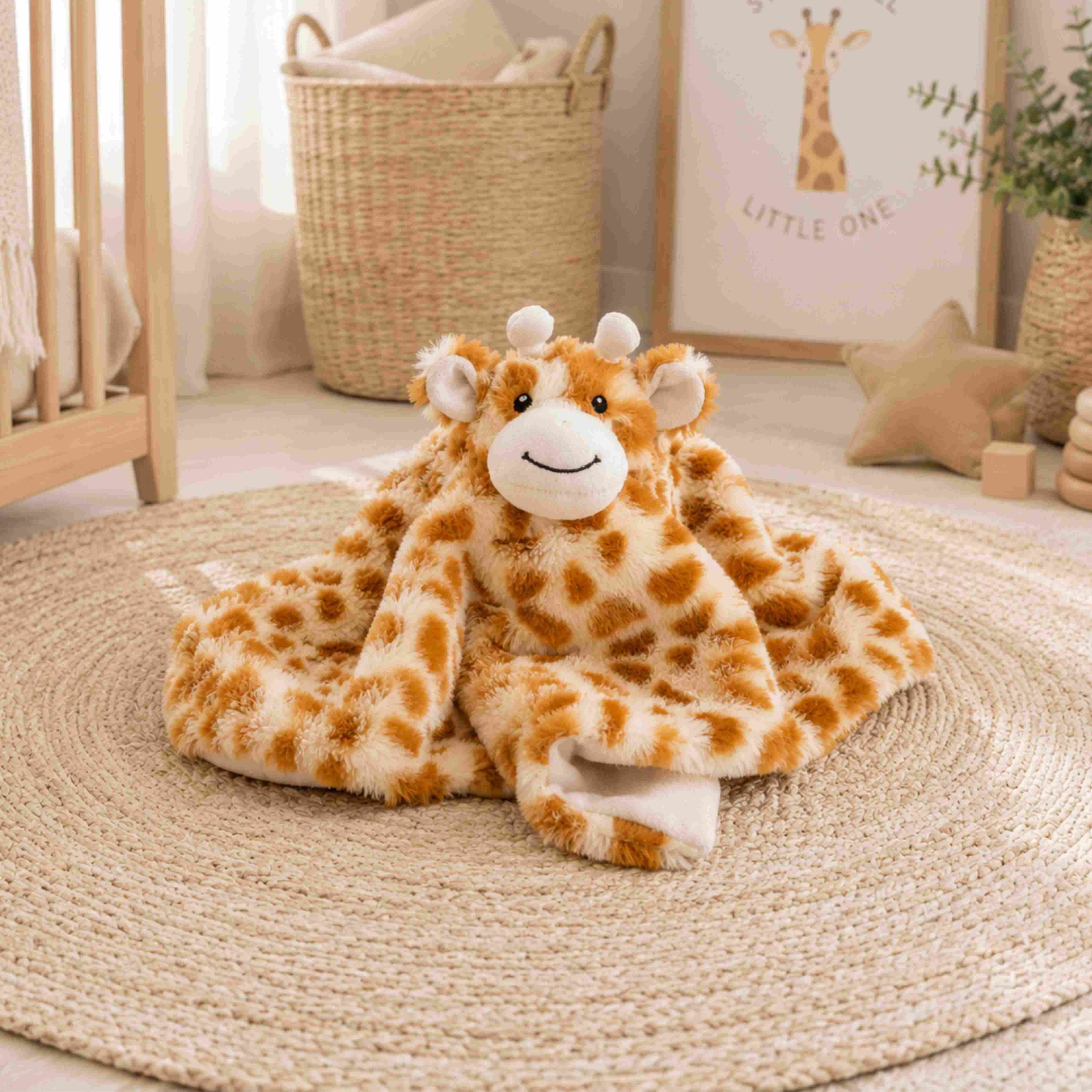 Plush huggy giraffe baby comforter toy suitable from birth.