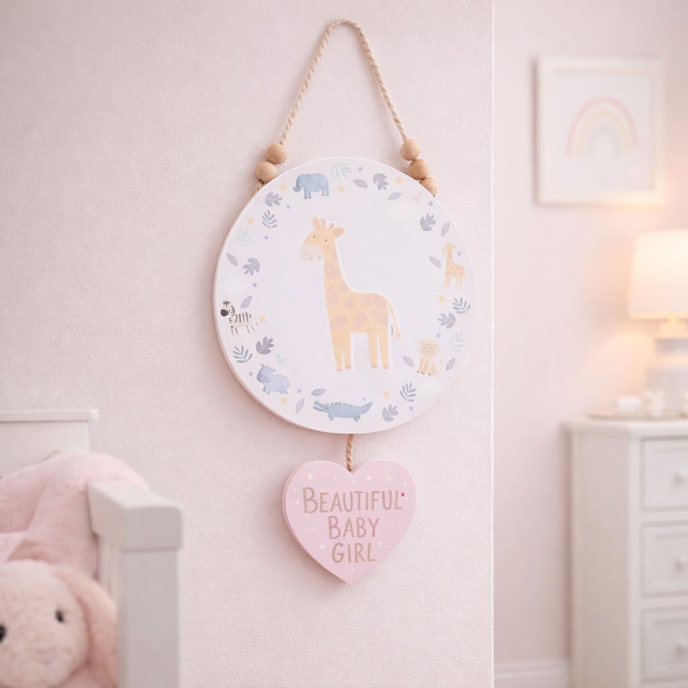 Wooden giraffe baby girl hanging nursery plaque