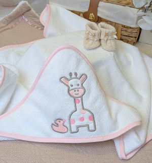 Giraffe baby bath towel in blue white and grey with a little hood.