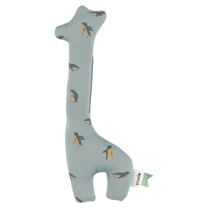 Organic giraffe shaped soft rattle in pale blue with a penguin print