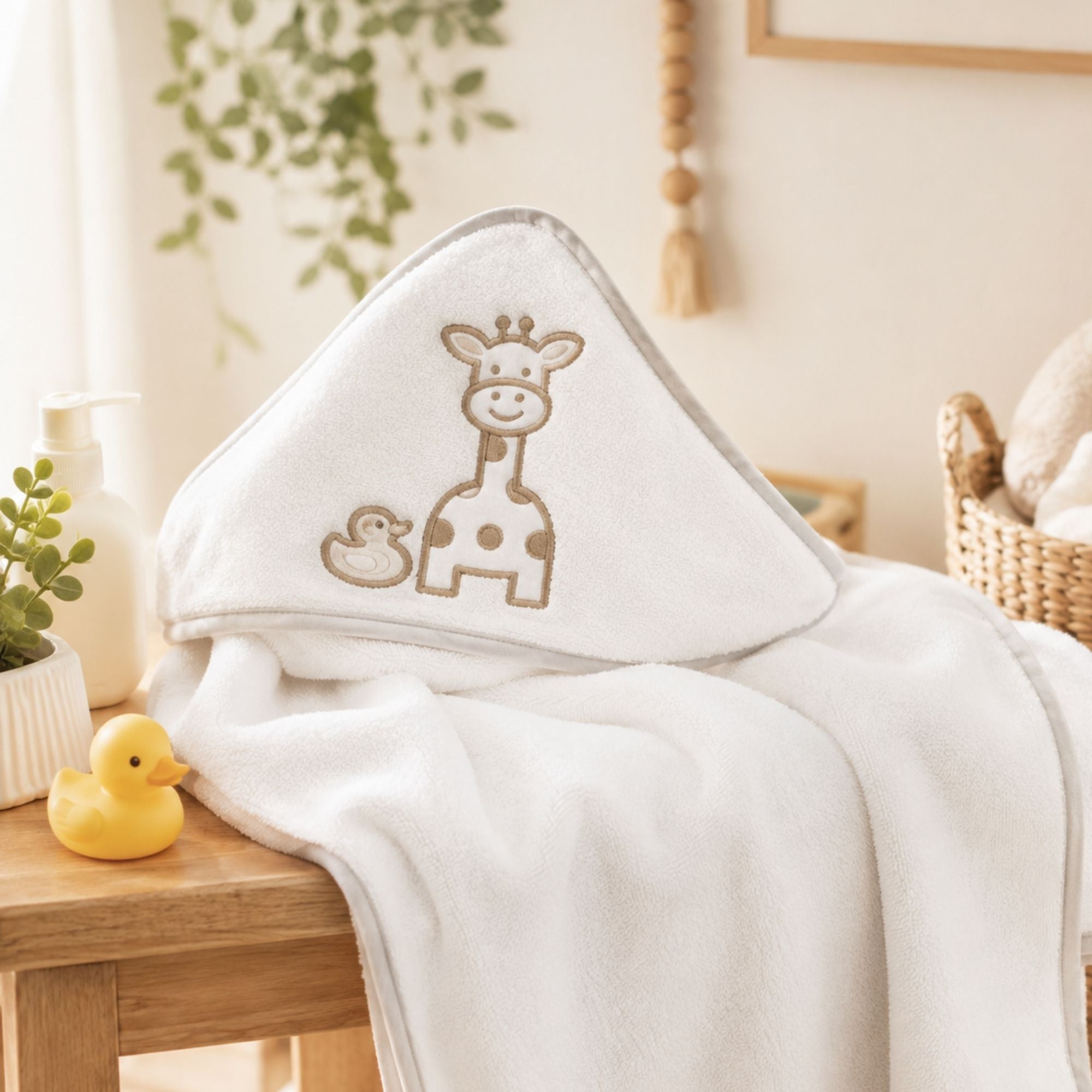 Personalised Baby Towel - Giraffe Hood (White & Grey)