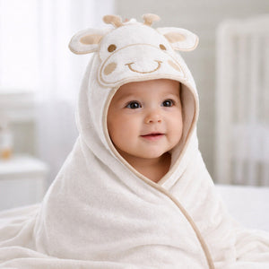 White giraffe hooded baby bath towel showing embroidered giraffe face