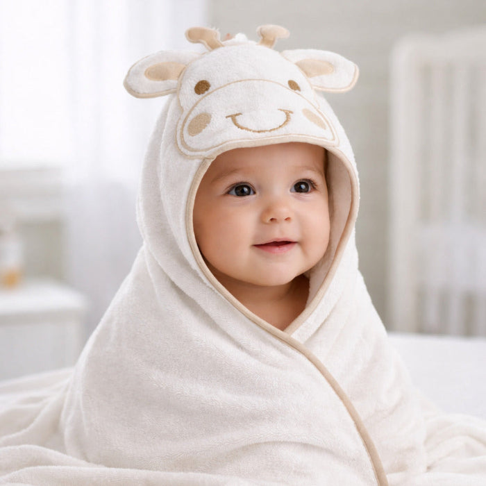 White giraffe hooded baby bath towel showing embroidered giraffe face