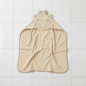 Beige giraffe hooded baby towel laid flat, 100% cotton hooded towel for baby with giraffe face detail, size 75 x 75 cm