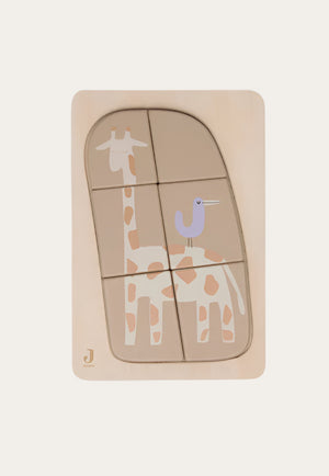 A wooden toy jigsaw puzzle featuring an illustration of a giraffe.