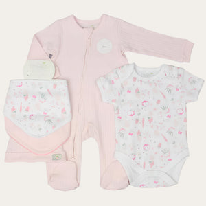 Baby Girl Plant Print Five-Piece Clothing Set Pink/White (Available 0-9 Months) Baby Girl Clothes.