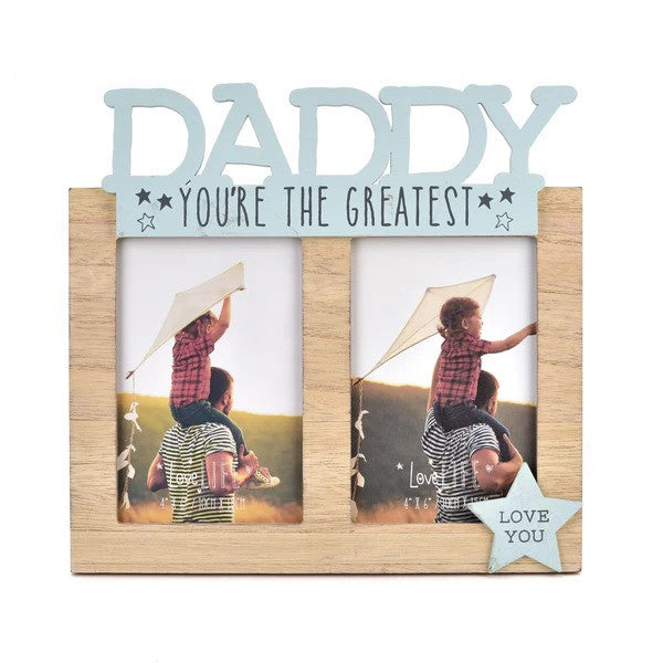Wooden photo frame with 'DADDY YOU'RE THE GREATEST' and 'LOVE YOU' messages, blue accents and stars.