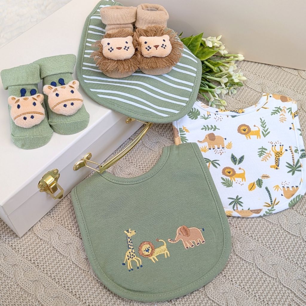 Safari Print Baby Bib and Socks Gift Set