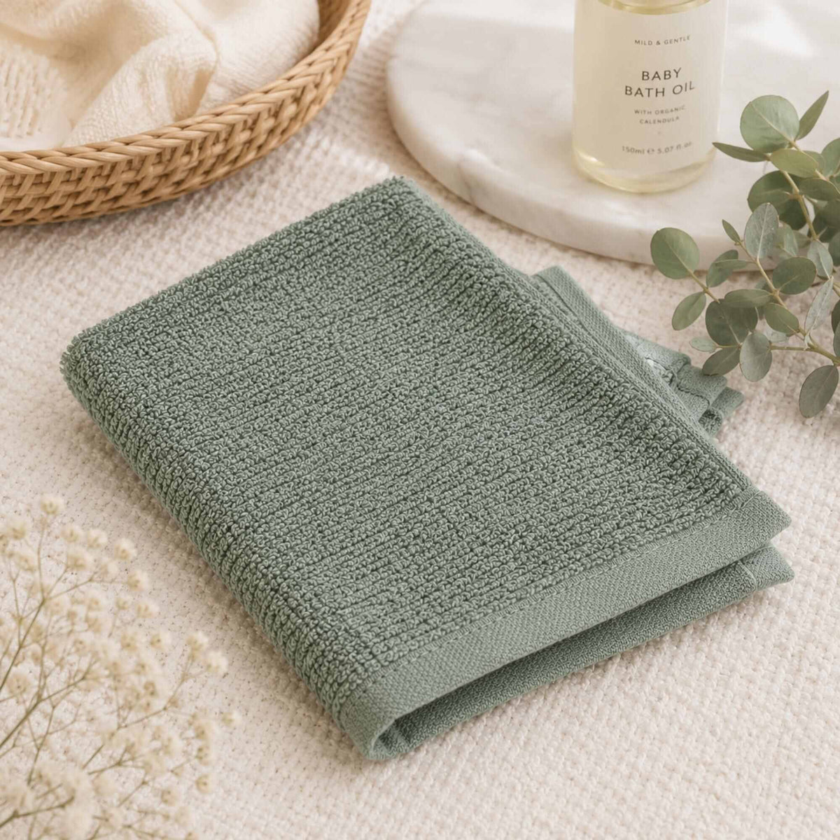 Sage Green Baby Waffle Face Cloth 100% Cotton | Reversible & Gentle | 30x30cm Baby Bath & Body.