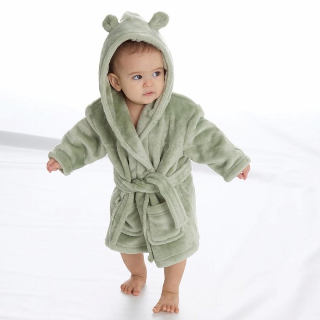 Soft plush light sage green coloured dressing gown bath robe with cute teddy bear ears