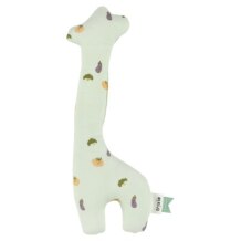Organic giraffe shaped soft rattle in pale green with a happy vegetable print
