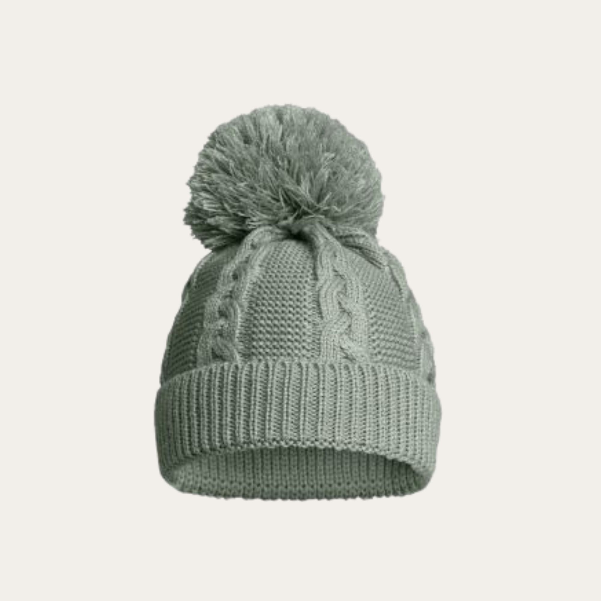 Sage Green Recycled Cable Knit Baby Pompom Hat Baby Hat.