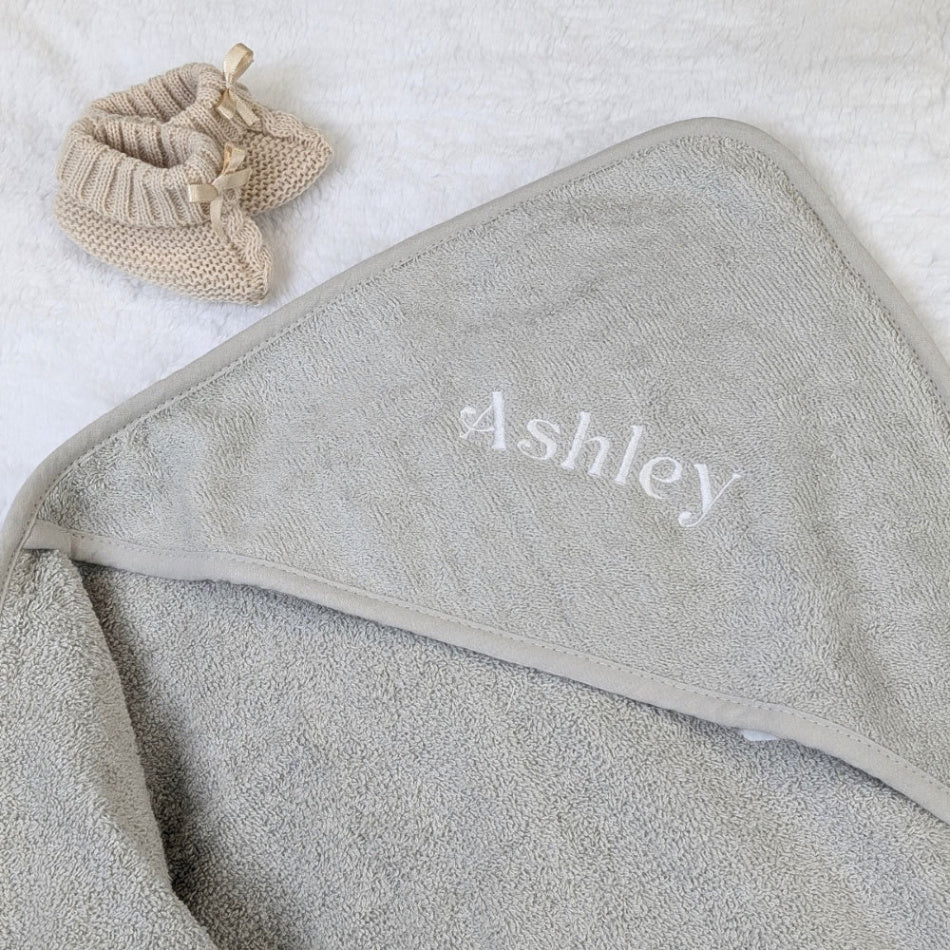 Personalised grey cotton hooded baby bath towel.