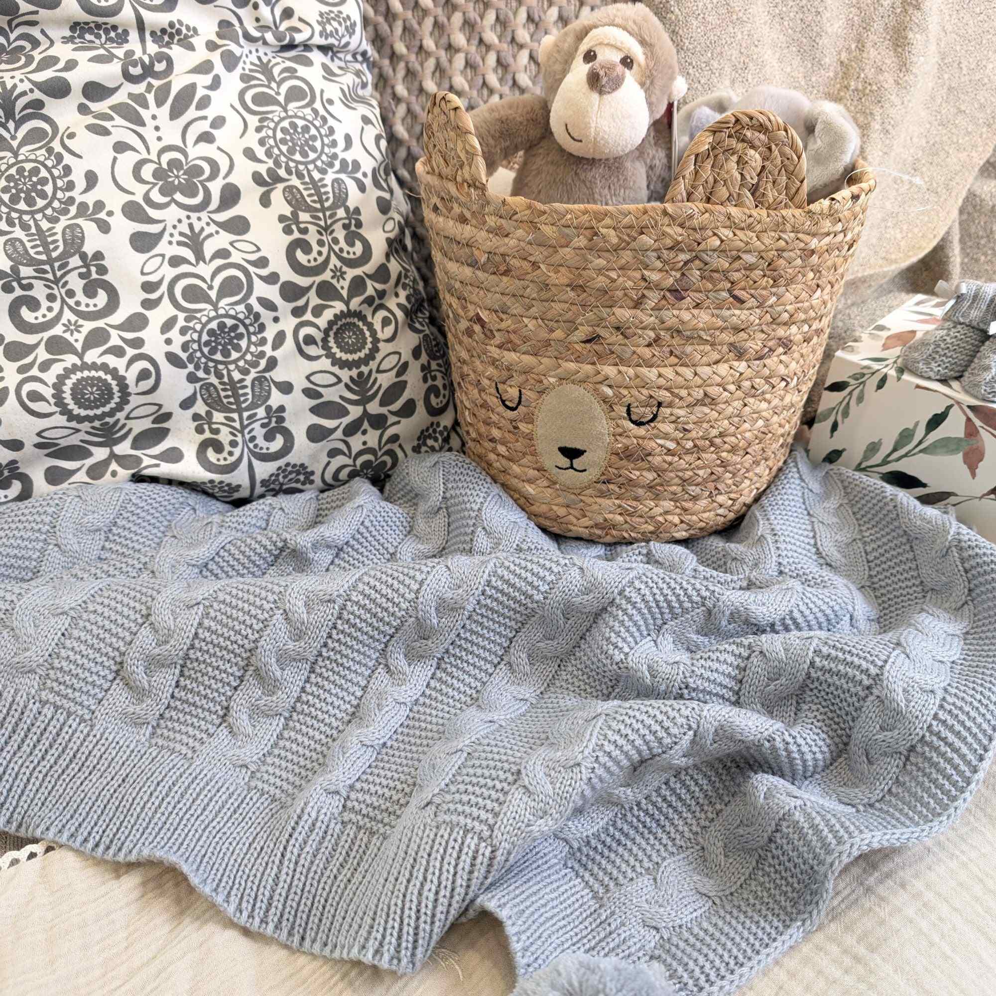 Grey Cable Knit Baby Wrap Blanket with Pom Poms Soft & Recycled Fibres Baby Blanket.