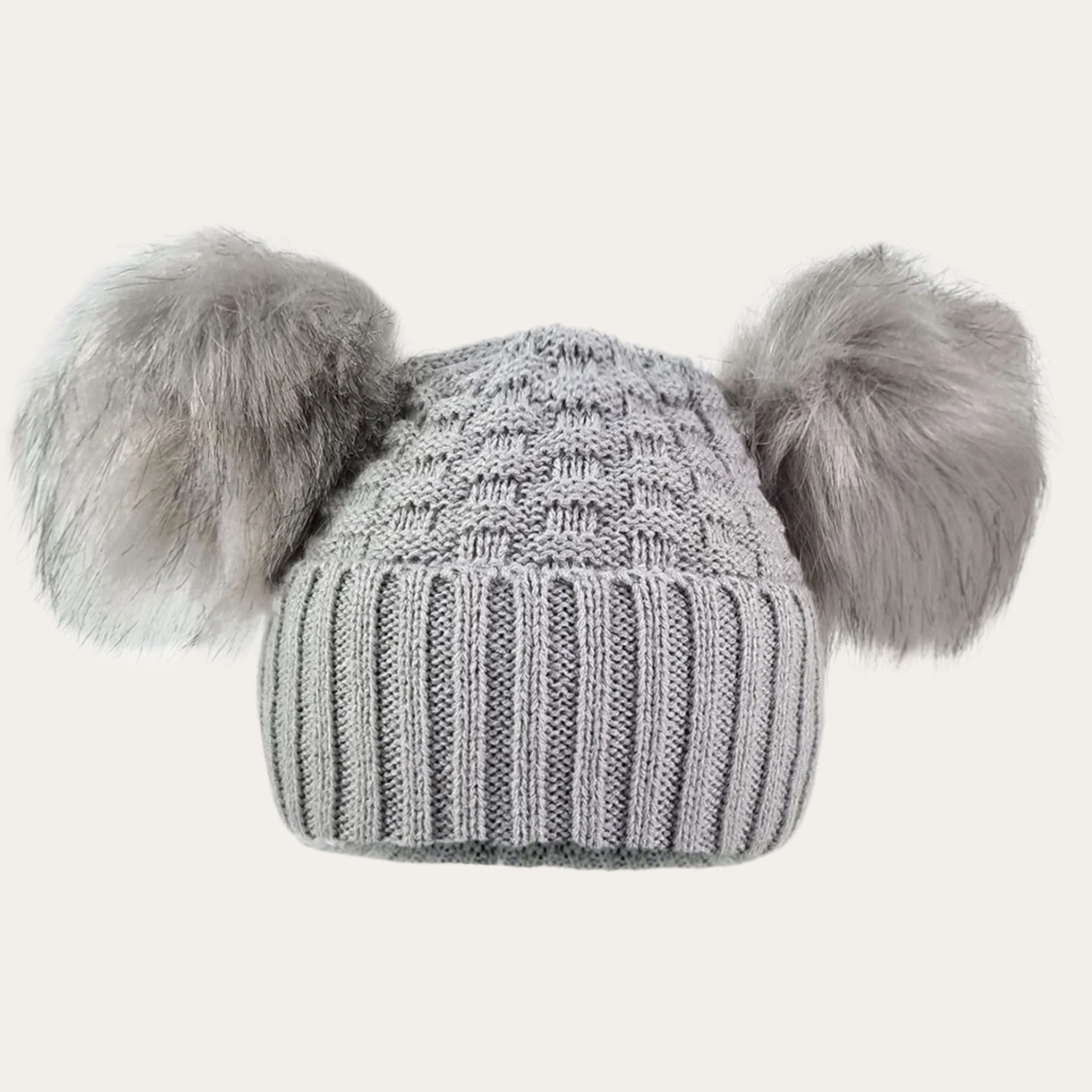 Baby Grey Checked/Striped Knit Hat with Faux Fur Double Pom Poms Baby Hat.