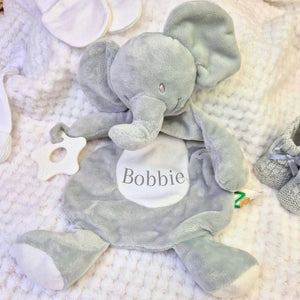 Grey plush elephant comforter with teething ring