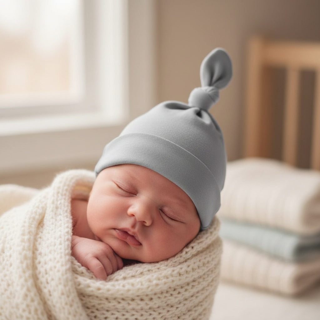 Grey knot hat on a baby in a blanket