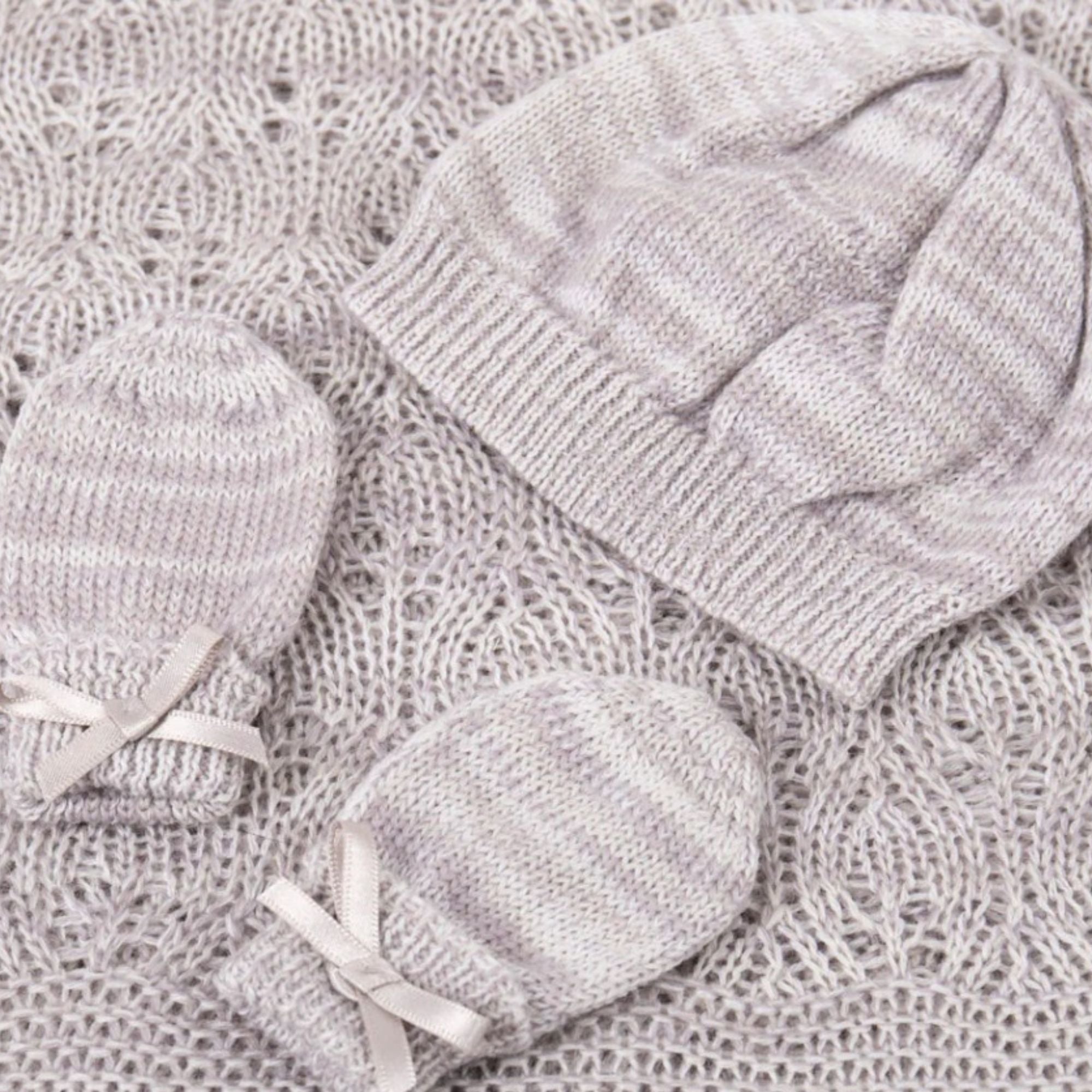 Newborn Baby Wool Shawl, Hat & Mitten Gift Set - Grey Marl Baby Blanket, Hat & Booties Gift Set.