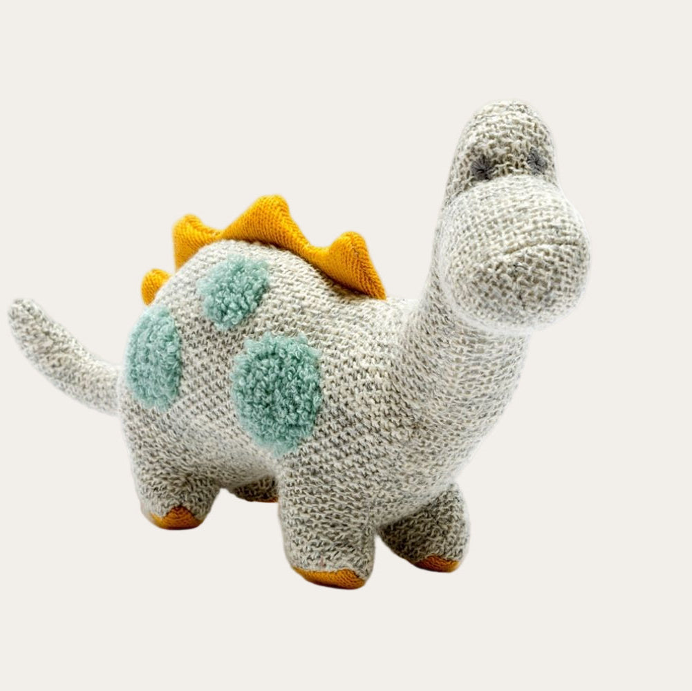 Organic Cotton Mustard and Grey Diplodocus Dinosaur Baby Rattle Cuddly Toys.