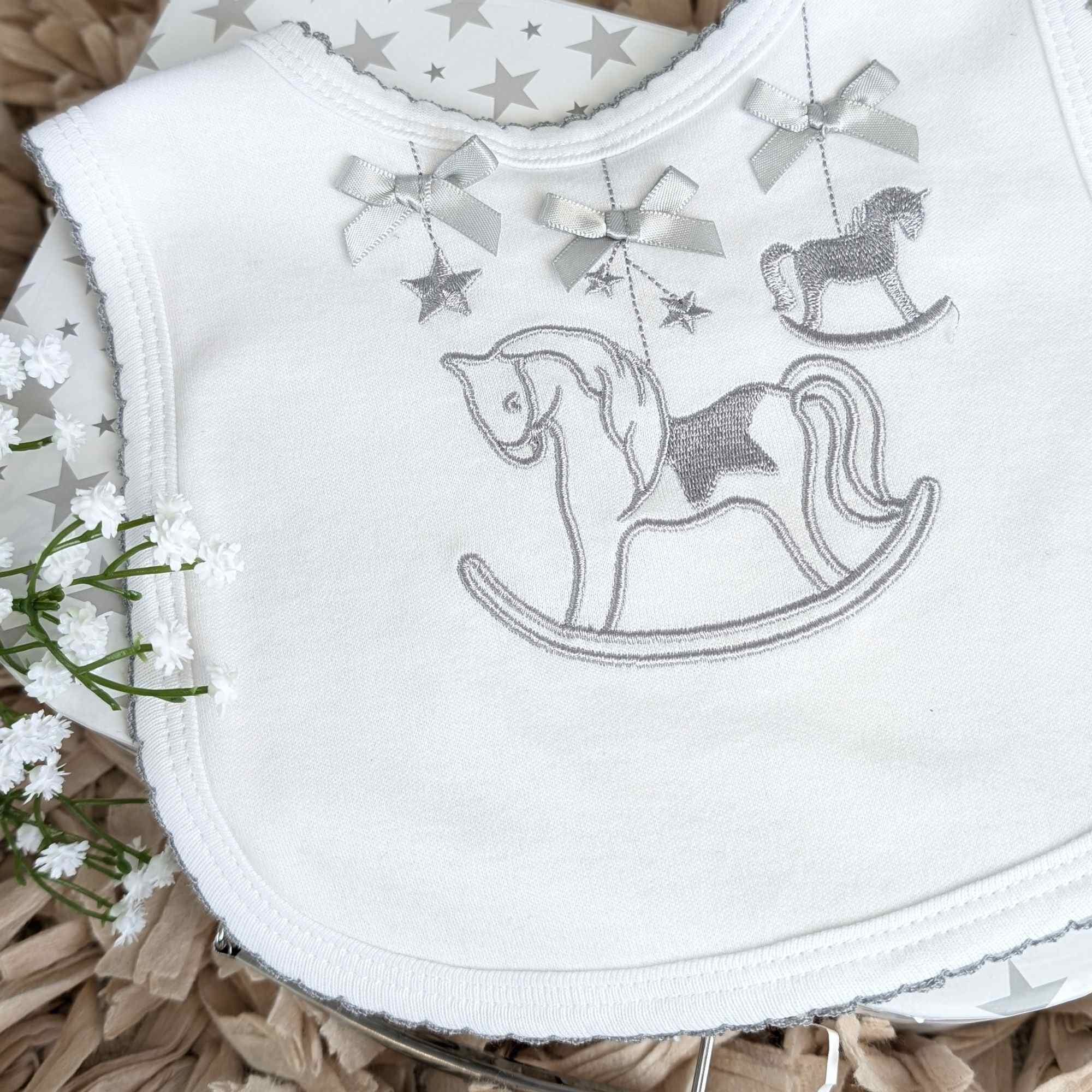 Grey Rocking Horse Traditional Baby Velcro Bib Bandana Bib.