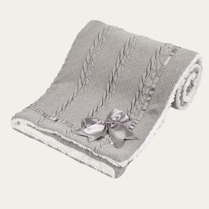 Grey Sherpa Back Knit Baby Blanket with Satin Bow 75x90cm Baby Blanket.