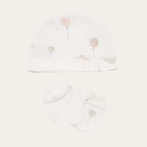 Organic baby hat and mittens, white with balloon print