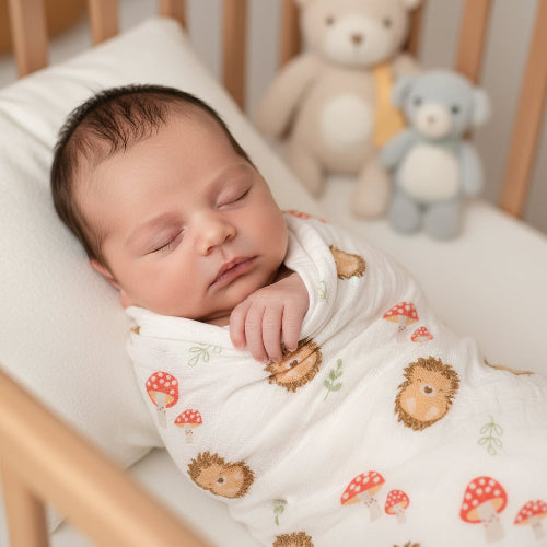 Woodland hedgehog baby muslin swaddle fabric with mushroom print on soft cotton muslin blanket.