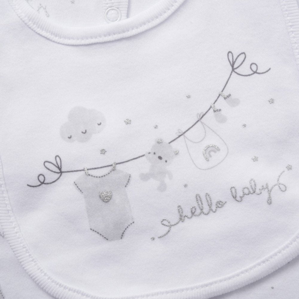 Hello Baby unisex cotton baby bib with soft neutral illustration