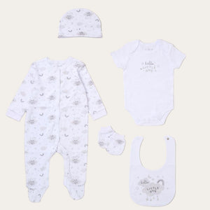 A white clothing set for a new baby with hello little one written
