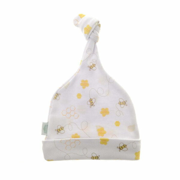White baby hat with yellow flowers, bees and honeycomb design