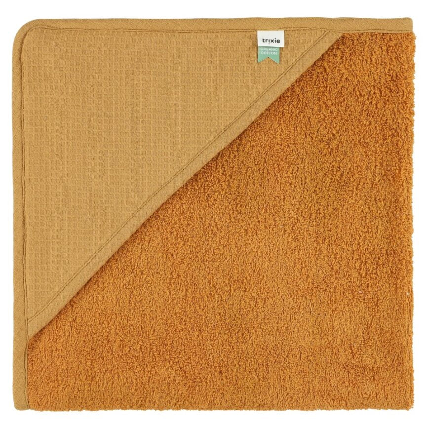 A caramel coloured hooded organic terry toweling  towel