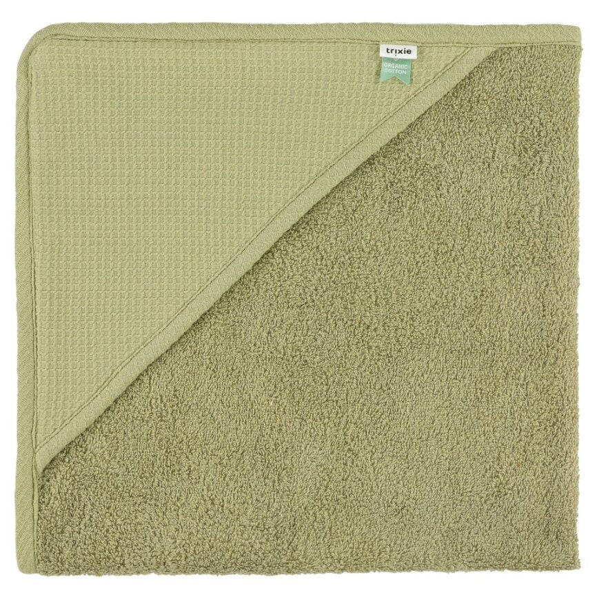 A lemongrass green coloured hooded organic terry toweling  towel
