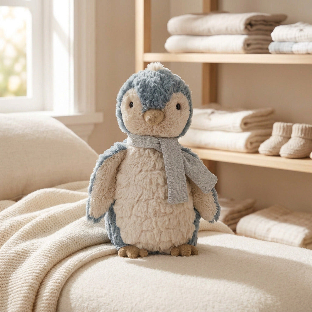 Icy blue and white Iceberg Putty Penguin soft toy with a pale sparkly scarf beside a gift box