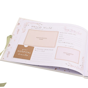 Close-up of the Hello World record page with spaces for baby photographs and birth details.