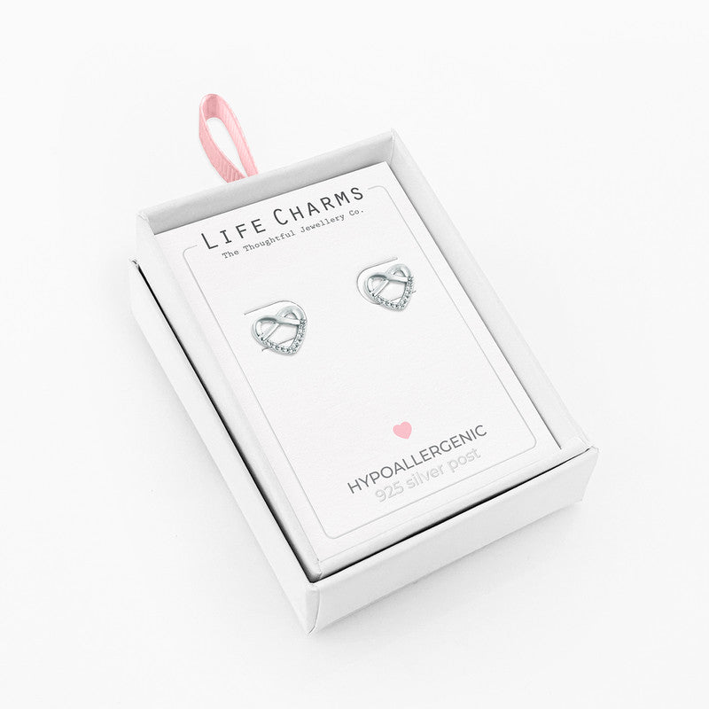Silver plated infinity heart stud earrings in gift box