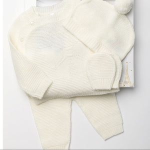 knitted ivory baby outfit. This lothes set includes hat, jumper, trousets and mitts.