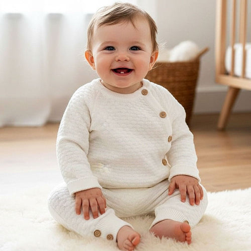 Ivory knitted baby clothes set with honeycomb knit top and matching trousers worn by baby sitting on soft nursery rug.