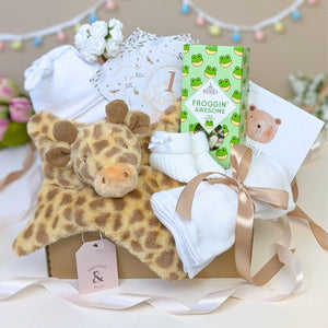 Baby shower gifts hamper box with adorable soft eco giraffe comforter and other baby presents. Bumbles and Boo.