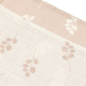 3 pack of 100% soft cotton baby muslins 70 x 70cm in soft dusk pink and cream with beautiful delicate leaf print.