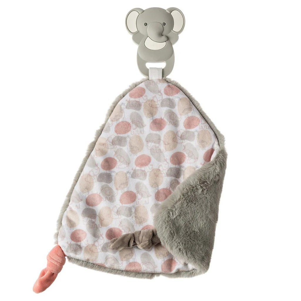 Two sided lovey with a grey fleece side and a printed elephant patterned side. Features an attached elephant teether.