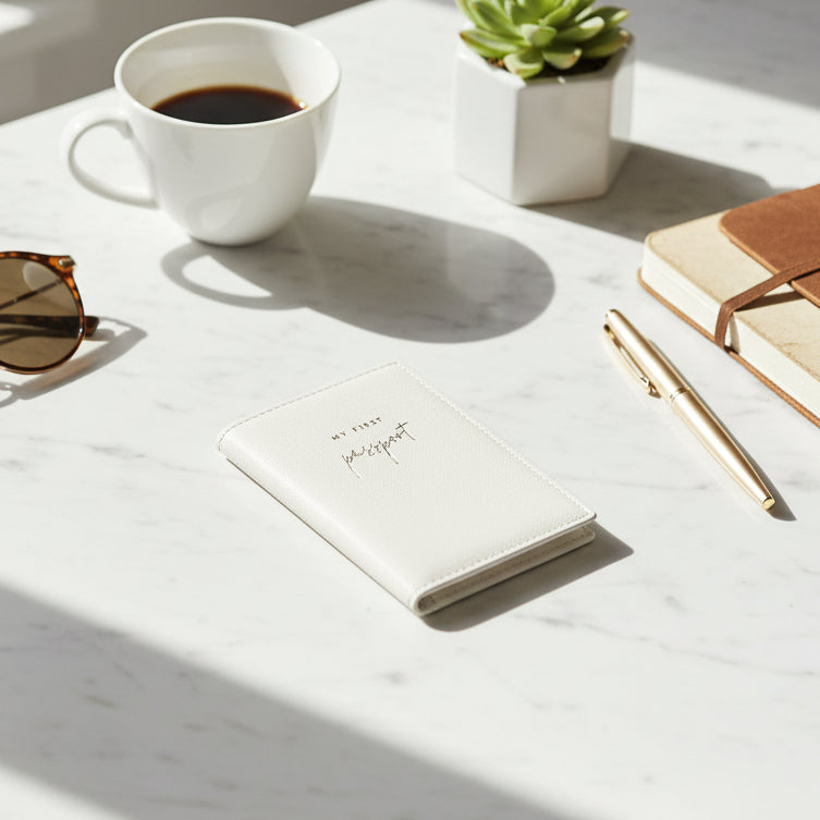 Katie Loxton White My First Passport Holder in vegan leather with gold lettering. Baby travel keepsake for first passport and holidays.