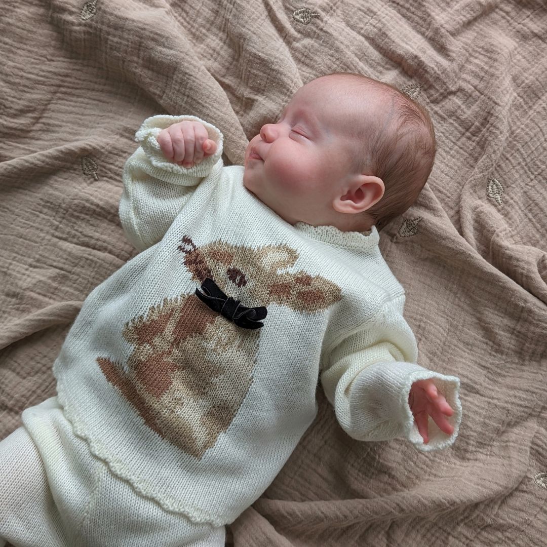 Baby Knitted Outfit Ivory Bunny Motif | 2-Piece Baby Set Unisex Baby Clothes.